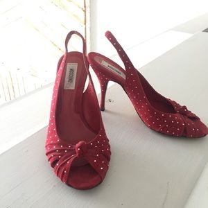 Moschino RED SUEDE CRYSTAL STUD PEEP TOE SLINGBACK
